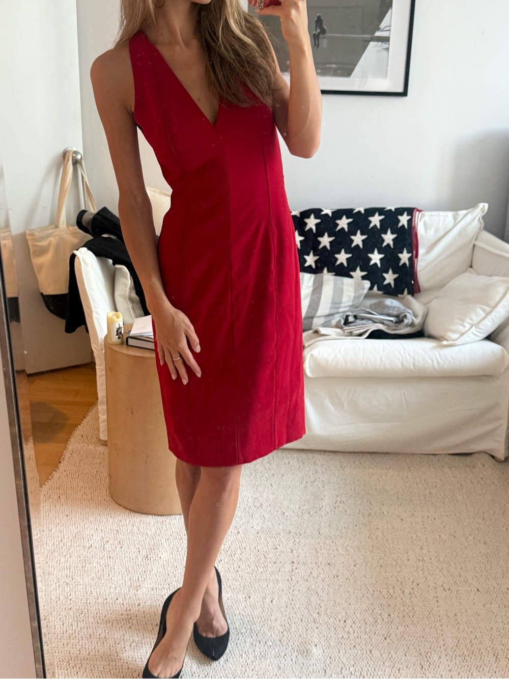 Reiss Red Sleeveless V-Neck Shift Dress